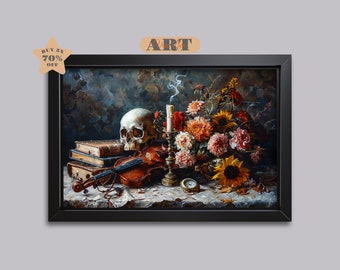 Still Life Vanitas Skull Still Life Painting Dark Academia Painting Gothic Skull Painting Antique Oil Painting Macabre Art Dark Cottagecore