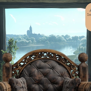 Puede incluir: Una silla de madera con un asiento de cuero y detalles tallados se encuentra frente a una ventana con vista a un lago y un castillo en la distancia. La silla está en una habitación con una pared de piedra y una viga de madera en la parte superior.