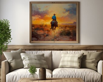 カウボーイの夕焼けの絵 馬の油絵 西洋画 南西部のアート カウボーイの