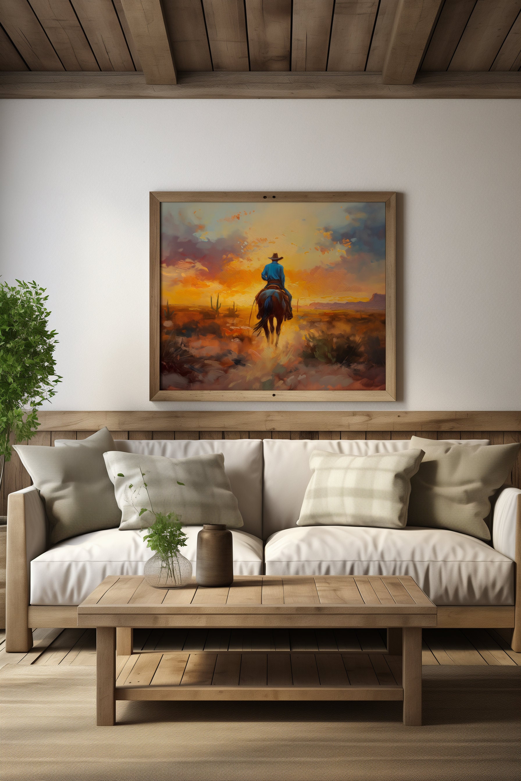 カウボーイの夕焼けの絵 馬の油絵 西洋画 南西部のアート カウボーイの