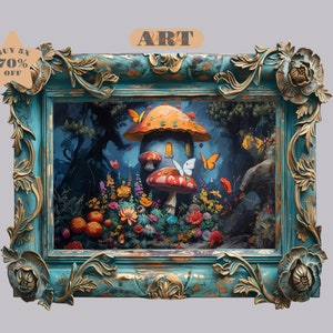 Caprichosa pintura de setas flores arte psicodélico cartel de setas pintura de flores mariposa arte vintage impresión caprichosa arte de fantasía