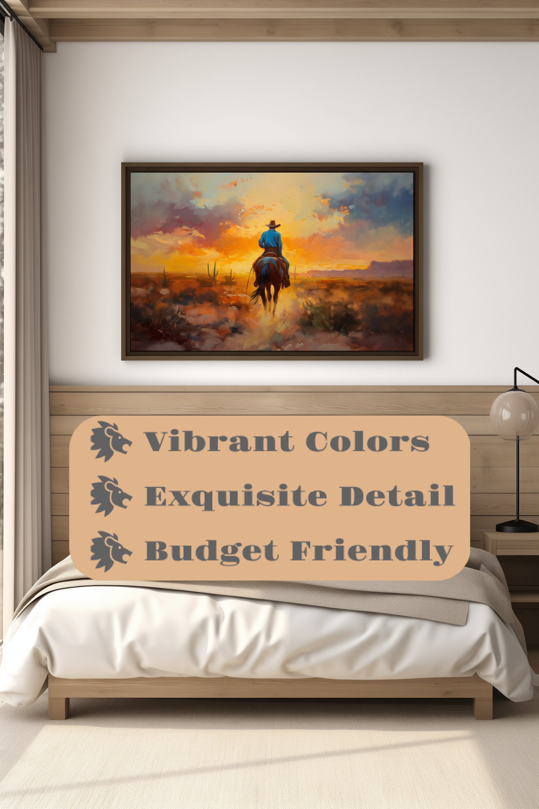 カウボーイの夕焼けの絵 馬の油絵 西洋画 南西部のアート カウボーイの