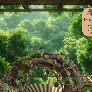 Puede incluir: Un marco de madera con vista a un exuberante bosque verde. El marco está hecho de bambú y tiene una vid envuelta alrededor. El texto "ART 1x Zoom Background" es visible en la esquina inferior derecha de la imagen.
