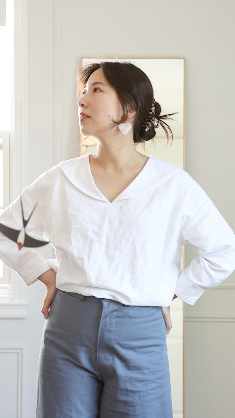 Nerina Top Sailor Collar PDF Sewing Pattern | Size Inclusive 0–24 | Beginner Friendly | Video Tutorial | Drop shoulder sailor collar top image 3