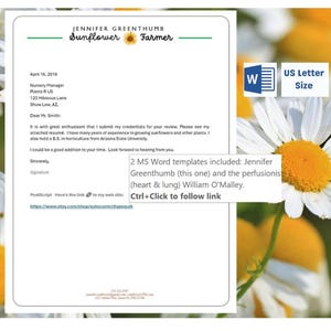 May include: A letterhead template with the text "Jennifer Greenthumb Sunflower Farmer" and a daisy graphic. The document includes a date, address, and a letter to Mr. Smith. The image also includes a Microsoft Word icon and the text "US Letter Size".