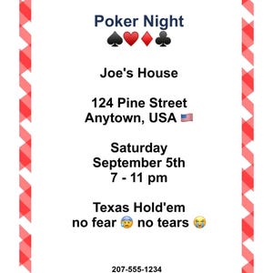 Fillable PDF invitation template with vector red gingham border and 3 text fields with dark navy blue Arial bold font. US letter size.