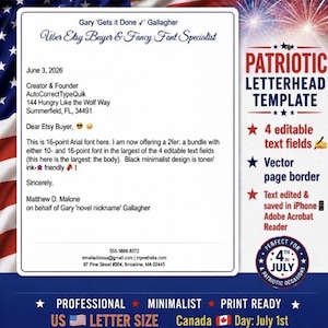 May include: A patriotic letterhead template featuring a white document with black text, including the header Gary 'Gets it Done' Gallagher, Uber Etsy Buyer & Fancy Font Specialist, and a body text describing a 16-point Arial font bundle.