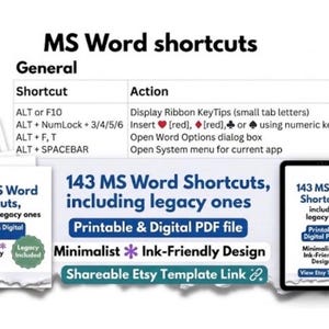 MS Word Keyboard Shortcuts Cheat Sheet and Link to Editable Canva Template | Instant Download 3-page PDF | Printable & Digital File