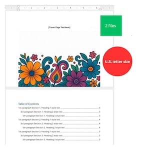 May include: A document with a colorful floral border in orange, blue, purple, and green. The document is labeled "U.S. letter size" and indicates "2 files". The document also includes a table of contents.