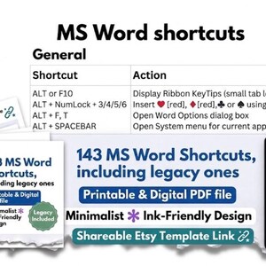 MS Word Keyboard Shortcuts Cheat Sheet and Link to Editable Canva Template | Instant Download 3-page PDF | Printable & Digital File