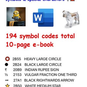 Könnte beinhalten: Eine informative Grafik zur MS Word ALT + X-Methode zum Einfügen von Unicode-Symbolen. Sie enthält das MS Word-Logo, eine Minion-Figur und eine Bulldoggen-Illustration. Der Text hebt 194 Symbolcodes in einem 10-seitigen E-Book hervor.