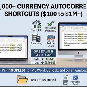 May include: A digital product for 20,000+ currency autocorrect shortcuts for MS Word and Outlook. The graphic displays a laptop and desktop screen showing text examples, icons for real estate and accounting, and a core examples table.