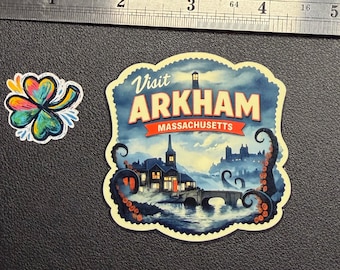 Visit Arkham Massachusetts Vinyl Sticker 1940s Travel Poster Style Lovecraft Horror