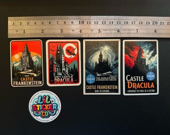 Visit Castle Dracula and Castle Frankenstein - die-cut, vinyl stickers