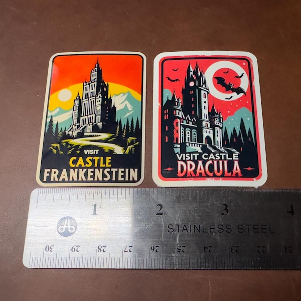 Visit Castle Dracula and Castle Frankenstein - die-cut, waterproof, vinyl stickers