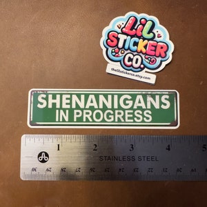 以下が含まれることがあります： 白地に「Shenanigans in Progress」という文字が書かれた緑と白のステッカー。ステッカーは茶色の表面に置かれ、定規と「Lil Sticker Co.」という文字がカラフルな文字で書かれた小さなステッカーが置かれている。