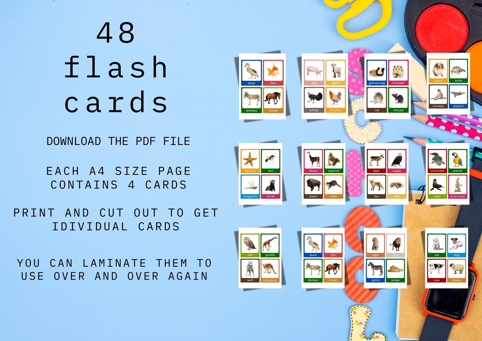 Animals Flash Cards: Montessori Printable Cards (PDF Download) - Etsy