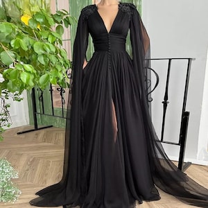 Black Chiffon Dress with Long Cape Sleeves, Black Dress with Embroidery, Sequin Dress, Black Wedding Dress, Flowy Dress, Black Prom Dress