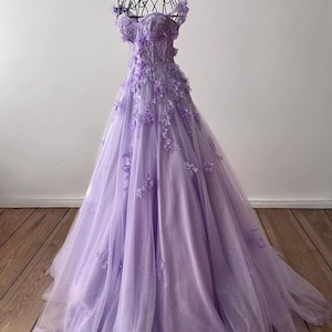 Lilac Sparkly Dress with 3D flowers and sequins, Prom Dress with Train Sequin Dress, Black Wedding Dress, Flowy Dress, Black Prom Dress