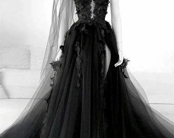 Black Bridal Dress with 3D flowers and Beads, Prom Dress with Train,, Black Wedding Dress with High Slit, Flowy Dress, Corset Prom Dress