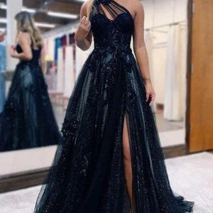 Black Sparkly Dress with 3D flowers and sequins, Prom Dress with Train Sequin Dress, Black Wedding Dress, Flowy Black Prom Dress with slit