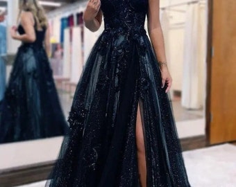 Black Sparkly Dress with 3D flowers and sequins, Prom Dress with Train Sequin Dress, Black Wedding Dress, Flowy Black Prom Dress with slit