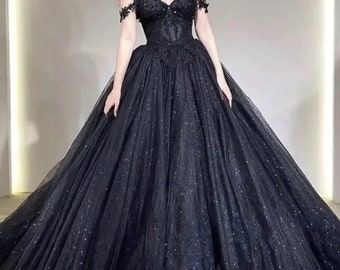 Black Sparkly Dress with flowers and sequins, Prom Dress with Train Sequin Dress, Black Wedding Dress, Flowy Dress, Off shoulder  Prom Dress