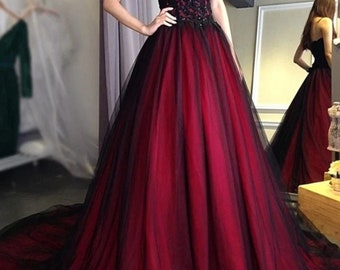 Strapless Tulle Dress with  Embroidered Bodice, Red Lining,  Dress with Train Sequin Dress, Black Wedding Dress, Black Corset Prom Dress