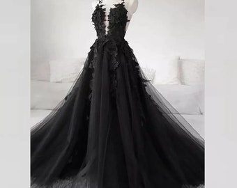 Black Bridal Dress with 3D flowers and Beads, Prom Dress with Train,, Black Wedding Dress with High Slit, Flowy Dress, Corset Prom Dress