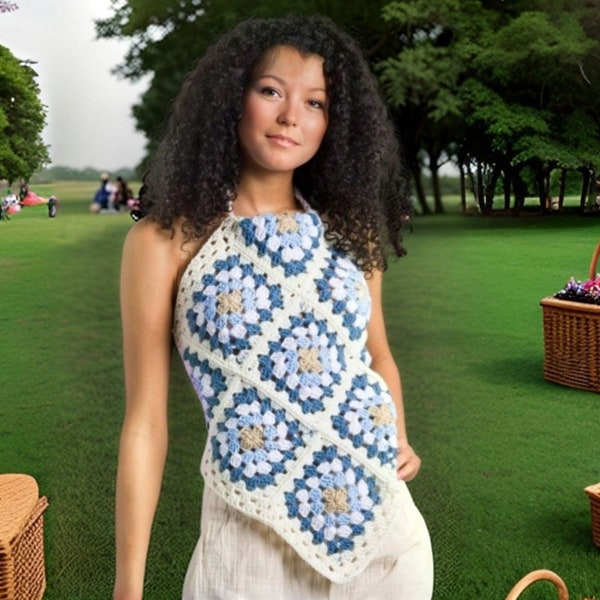 Crochet pattern-Granny Square Top-XS/Plus Size-XXXL-9 squares make top-Granny Crochet Top-Summer Halter Top-String Tie-crochet Crop Top-pdf