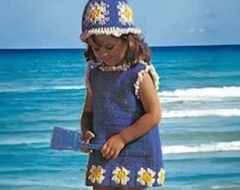 Child Granny square pattern, crochet dress pattern granny square trim, sizing for toddler or child Granny square hat pattern Vintage pattern