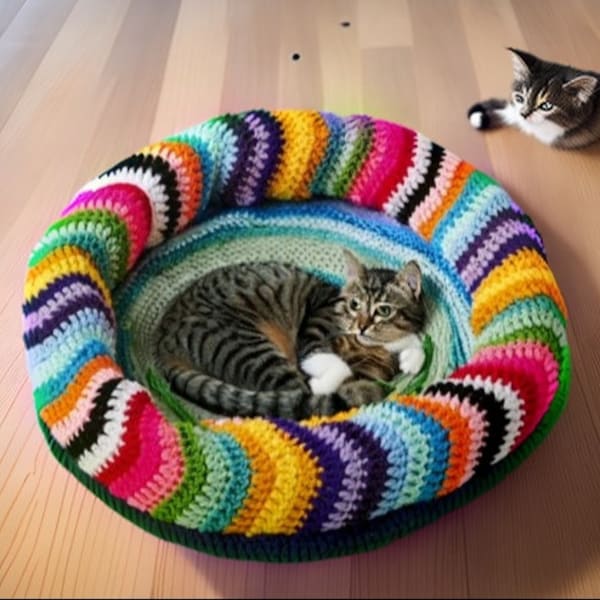 Crochet pattern Cat Bed-25 inch-Scrap Yarn Multicolored Crochet pet bed helps use up scraps of yarn-Designed with using stash yarn.