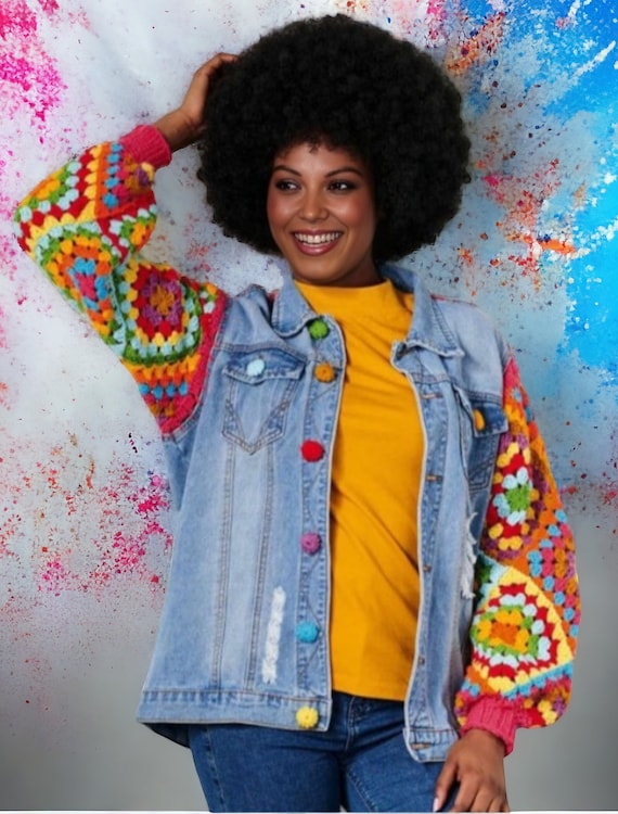 Crochet Denim Jacket Pattern granny Square Sleeves Yoke Tassels Embellish Jacket crochet Coat Pattern Bomber Length crochet Cardigan Style Etsy Canada