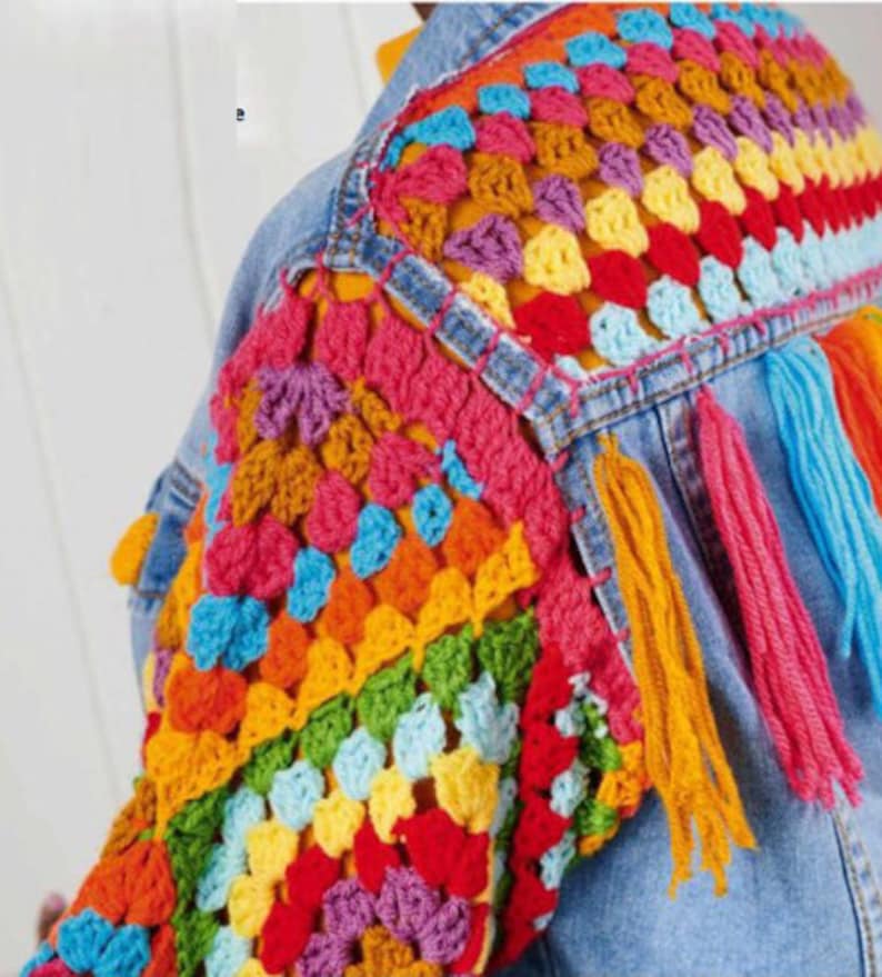 Crochet Denim Jacket Patterngranny Square Sleeves, Yoke, Tassels