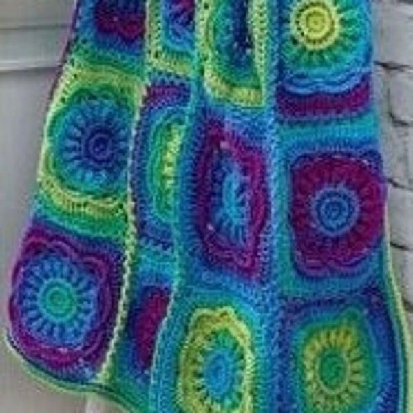 Crochet Granny square blanket pattern digital, very open Grannie crochet pattern Afghan 48x55  bright retro hippie look design. intermediate