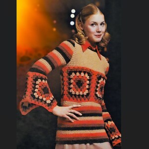 Easy Crochet Jumper Pattern Granny Square sweater digital Grannie Square long sleeve hip length sweater,  *vintage hippie pattern 1972