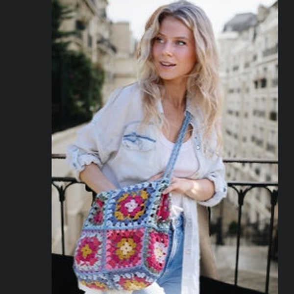 Crochet bag pattern-Granny square bag market tote-Granny square purse pattern-boho carry on bag-urban handmade crochet pattern tote 10x10x5