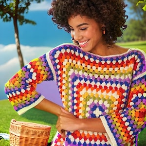 Crochet Sweater jumper pattern-Beginner Crochet-Fast Only Four Squares-digital pdf download-XS-3X-Granny square pullover sweater-Boat neck