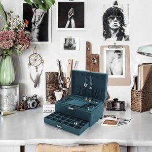Boîte à bijoux en cuir avec clés, Organiseur de bracelets, bagues, colliers, Boîte à bijoux pour femme, Trois couches