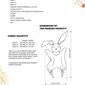 May include: A sewing pattern for a bunny-shaped baby comforter. The finished product is 22.4 inches tall and 9.8 inches wide. The image includes a list of materials needed, including fabric, fiberfill, and a sewing machine.