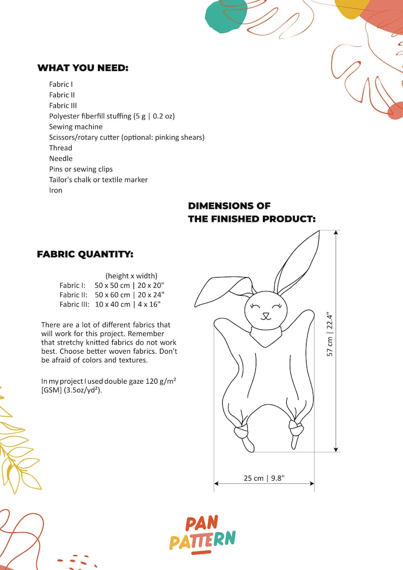 May include: A sewing pattern for a bunny-shaped baby comforter. The finished product is 22.4 inches tall and 9.8 inches wide. The image includes a list of materials needed, including fabric, fiberfill, and a sewing machine.