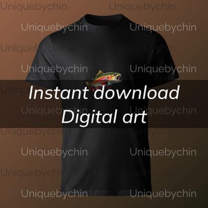 Puede incluir: Una camiseta negra con una ilustración de trucha de colores y el texto "Descarga instantánea Arte digital" impreso en la parte delantera.
