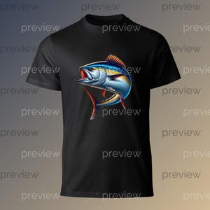 May include: A black t-shirt with a colorful illustration of a tuna fish jumping out of the water.