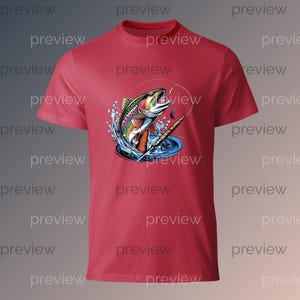 Vibrant Trout Leaping Out of Water - Dynamic Fishing Scene Illustration for DTF Prints and Sublimation Art