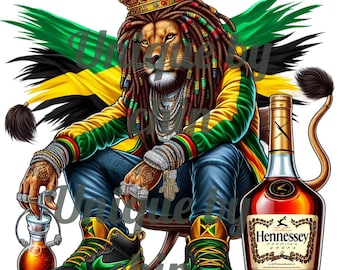 May include: A lion wearing a gold crown and a green, yellow, and black Rastafarian-style hat sits on a throne with a bottle of Hennessy cognac. The lion is wearing a green, yellow, and black jacket and blue jeans. The lion has dreadlocks and is wearing gold jewelry. The lion is holding a hookah in its left hand.