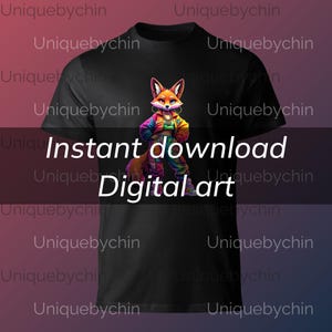 May include: A black t-shirt featuring a colourful illustration of a fox wearing a jacket and sunglasses. The fox is standing on a white background. The text "Instant download Digital art" is printed on the t-shirt.