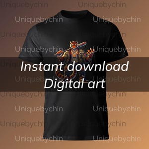 May include: A black t-shirt with a graphic of a tiger wearing a leather jacket and holding a baseball bat. The tiger has a serious expression on its face. The text "Instant download Digital art" is printed on the shirt.
