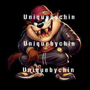 Puede incluir: Un dibujo animado del demonio de Tasmania con una chaqueta negra, un gorro rojo y cadenas de oro. El texto "Uniquebychin" se repite tres veces en la imagen.
