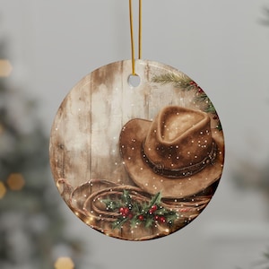 Western Christmas Ornament Cowboy Hat and Rope Rustic Holiday Decor Two Sided Ceramic Keepsake Personalized Country Tree Gift Bulk Option