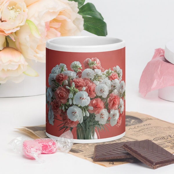 January Birth Flower Mug - Elegant Carnation Bouquet for Mom, keepsake, gift-for-her, mothers day, personalize, custom